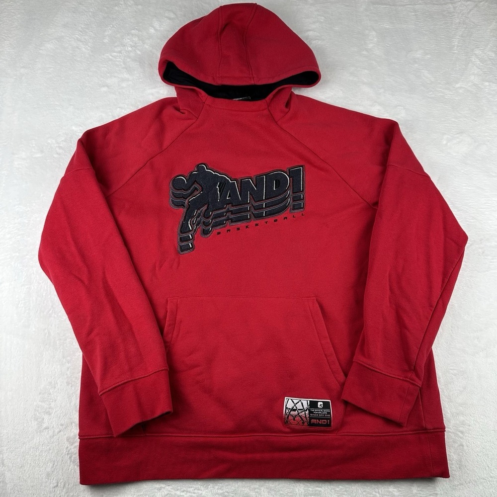 And1 And 1 Hoodie Mens 2XL XXL Red Textured Spell Out Logo Pocket Sweatshirt Y2K